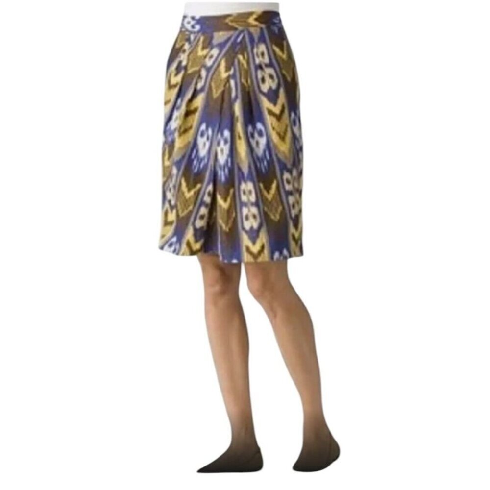 Tory Burch Ikat Linen Blend Pleated Skirt Blue Yellow Brown 8 - Picture 2 of 8